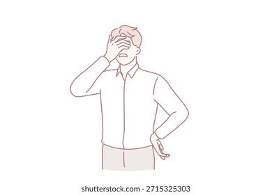 Sensação de estresse e sonolência. Jovem personagem de desenho animado em pé cobrindo o rosto com as mãos sentindo-se exausto na ilustração do vetor do trabalho