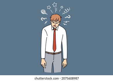 Feeling stressed and tired concept. Young man worker cartoon character wearing official clothes standing with crosses instead of eyes feeling exhausted at work vector illustration 