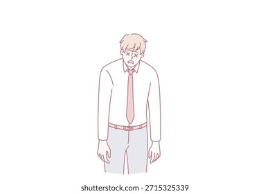 Feeling stressed and tired concept. Young man worker cartoon character wearing official clothes standing with crosses instead of eyes feeling exhausted at work vector illustration