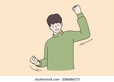 Feeling strong and powerful concept. Young smiling boy wearing jacket standing showing raised hands and fist feeling strength vector illustration 