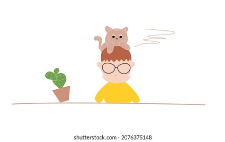 Feeling Stuck At Home, Concept Illustration. Young People With Cat. People At Home In Quarantine. Vector Flat Style Illustration