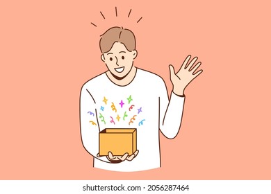 Feeling surprised and amazed concept. Young smiling boy man cartoon character standing looking at box with colorful surprise feeling amazed vector illustration 