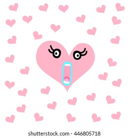 feeling surprised  face  of  one pink  big heart   around  a little  pink heart, cute and doodle cartoon." love concept"