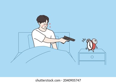Feeling tired and sleepless concept. Young irritated stressed man aiming gun at alarm clock since morning staying in bed over blue background vector illustration 