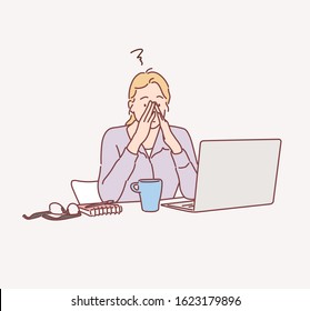 Feeling tired and stressed. Frustrated young woman keeping eyes closed and massaging nose while sitting at her working place in office. Hand drawn style vector design illustrations.