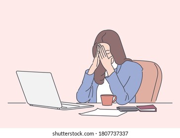 Feeling tired and stressed. Frustrated young woman keeping eyes closed and tired sitting at her working place in office. Hand drawn style vector design illustrations.
