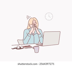 Feeling tired and stressed. Frustrated young woman keeping eyes closed and massaging nose while sitting at her working place in office. Hand drawn style vector design illustrations.	