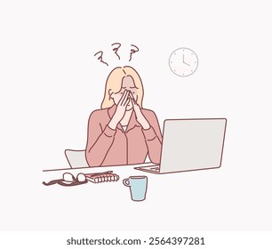 Feeling tired and stressed. Frustrated young woman keeping eyes closed and massaging nose while sitting at her working place in office. Hand drawn style vector design illustrations.	