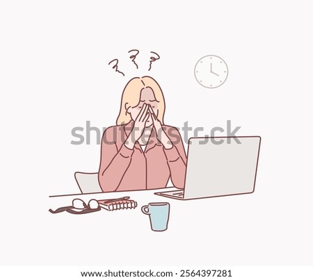 Feeling tired and stressed. Frustrated young woman keeping eyes closed and massaging nose while sitting at her working place in office. Hand drawn style vector design illustrations.	