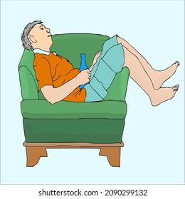 Feeling unwell after drinking alcohol. A man lies with a bottle in his hand. Illustration 