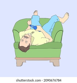 Feeling unwell after drinking alcohol. A man sleep with a bottle in his hand In the armchair. Illustration