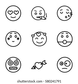feeling vector icons. Set of 9 feeling outline icons such as heart with arrow, emot in love, shy emoji, surprised emot