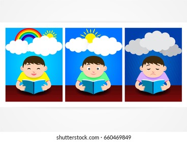 A Feeling When Reading a Book with 3 Emotions in Face, Laugh, Smile, Sad and 3 Different Weather, Spring, Sunny, Rain