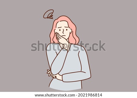 Feeling worried and frustration concept. Young irritated frustrated woman cartoon character standing touching chick looking at camera vector illustration 