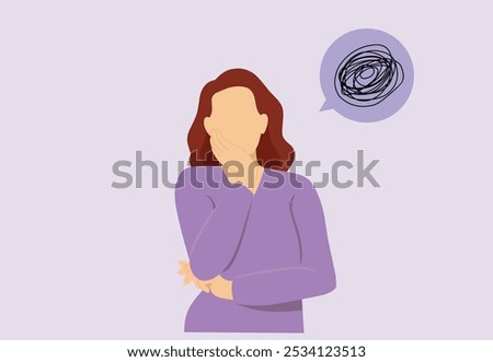 Feeling worried and frustration concept. Young irritated frustrated woman cartoon character standing touching chick flat vector illustration.