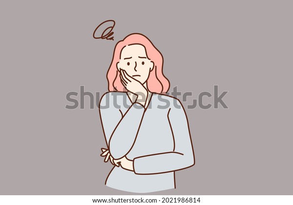 Feeling worried and frustration concept.\
Young irritated frustrated woman cartoon character standing\
touching chick looking at camera vector illustration\
