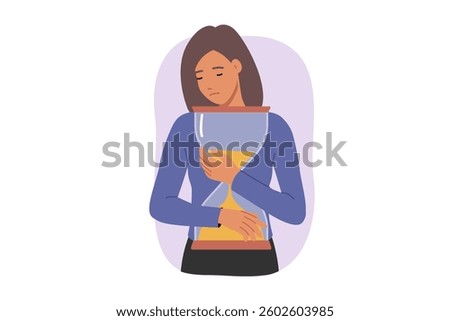 Feelings of being bitten by time causes stress in woman hugging large hourglass. Girl experiences apathy and depression due to lost time and inability to return to past to correct mistakes.