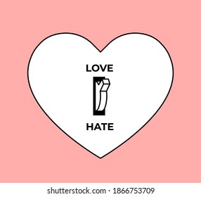 Feelings concept. Love or Hate choice. White heart silhouette with toggle switch between love and hate turned to love position. Minimalistic conceptual vector illustration