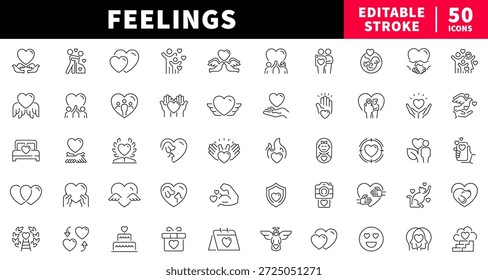 Conjunto de iconos de línea editables de sentimientos. emociones y símbolos del corazón