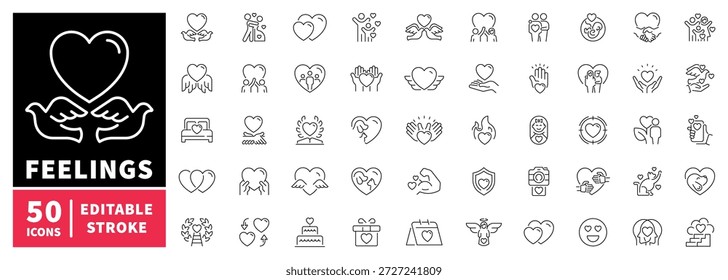 Conjunto de iconos de línea editables de sentimientos: emociones y símbolos de relaciones