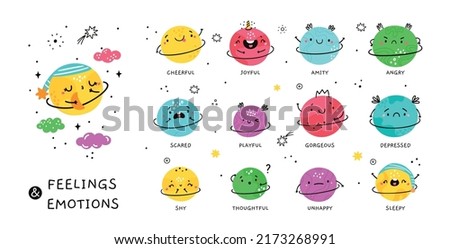 Feelings and emotions characters with cute faces. Vector cartoon characters feelings collection for education concept or kid project. Basic human positive and negative emotions for kids game.  Stockfoto © 