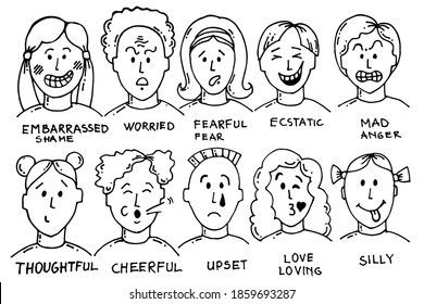 Feelings and Emotions on the Face. Set of people moods. Embarrassed, worried, fearful, ecstatic, mad, thoughtful, cheerful, upset, love, silly character face expressions. Linear sketch.