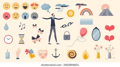 Feelings and emotions as psychological mental states tiny person collection set. Isolated elements with relationship pain, passion and various facial expressions vector illustration. Human reactions