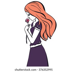 Feelings human isolated rose turn white sweet day flower vector tender holiday character graphic drawing card gift black fashion girlfriend love cute dress lady illustration purple girl young princess
