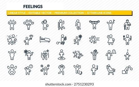 feelings icons set - aggravated human, emotional human, amused human, comfortable drained outline vector collection.