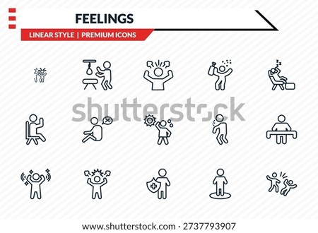 feelings icons set - funny human, hopeless human, satisfied human, safe bad outline vector collection.