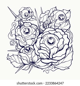 Feelings of Love Sketch with the visualization of Eyes and Flowers