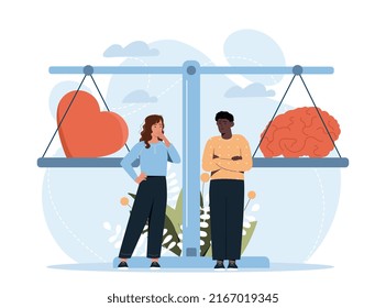 Feelings or mind. Young man and girl standing next to scales, on which sense organs. Two different approaches to working with information, thoughtful characters. Cartoon flat vector illustration