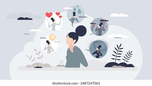 Feelings and psychological mental emotions tiny person concept. Mind expression with happiness, love, sadness, anger and anxiety mood changes vector illustration. Life perception and mood differences