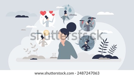 Feelings and psychological mental emotions tiny person concept. Mind expression with happiness, love, sadness, anger and anxiety mood changes vector illustration. Life perception and mood differences