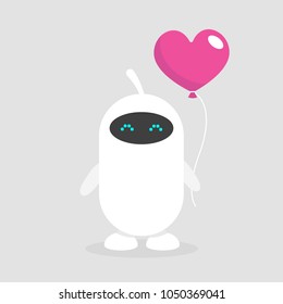 Feelings of robots. Cute white cyborg holding a heart shaped baloon. Romantic relationships. Flat editable vector illustration, clip art