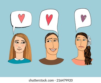 Feelings of three people. Hand-drawn vector illustration about love.