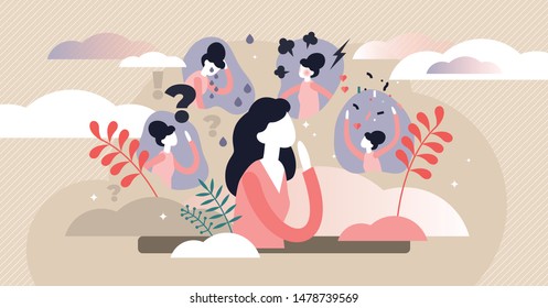 Feelings vector illustration. Flat tiny behavior expression persons concept. Various emotions and mood changes. Abstract simple gesture collection set with positive and negative elements. PMS symptoms - Shutterstock ID 1478739569