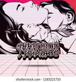 Feelings. Vector poster with hand drawn illustration of kissing couple made in vaporwave style. Template for card, banner, print for t-shirt, pin, badge, patch.