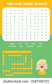 Feelings Word Search worksheet. Educational worksheet for preschool. Vector illustration file.