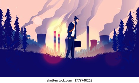 Feels like the end of the world - Business man walking, hanging his head with polluting industry destroying environment in background. Pollution, no future, and climate concept. Vector illustration.