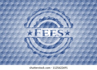 Fees blue badge with geometric background.