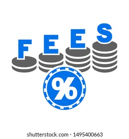 Fees coins growing stack icon vector. Percent coin fee logo.
