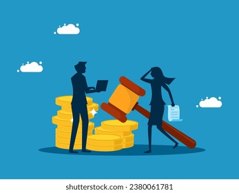 Fees and cost notifications. woman holds notification slip with legal hammer on pile of coins
