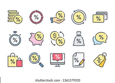 Fees And Financial Interest Related Color Line Icon Set. Debt And Loan Linear Icons. Credit And Lending Money Colorful Outline Vector Sign Collection.