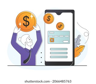 Fees and funding. Grandfather changes money to card. Electronic payments, online transfers. Map in mobile phone, modern technology. Character with coins in hands. Cartoon flat vector illustration