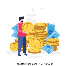 Fees and funding, Rich finance to earning currency, capital concept, money transfer, e-commerce, success economy accounting vector illustration. A lot of money coins