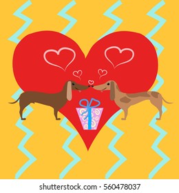 Fees on a background of red hearts card for valentine's day, love, dogs