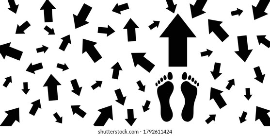 Feet and arrows way. Arrow choice concept. Bare walk footprints feet and foot steps Vector footsteps icon, sign for print Step, trail Walking footstep and footprint for follow choose route. Signage
