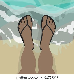 Feet In Beach Slippers , Standing In Sea Water, African, American