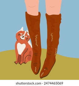 Feet in boots top view, cat pawing, rubbing, woman, girl, graceful, rubber boots. Hand drawn illustration.